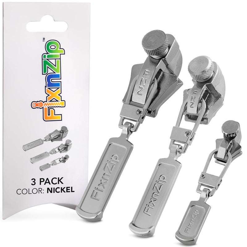 FixNZip Small, Medium, and Large Nickel Zipper Repair Kit Bundle | Universal No-Sew Slider Replacement Kit for Clothes, Jackets, and More | Instant and Reusable Zipper Repair Tool | Sizes 1-10 - Image 1